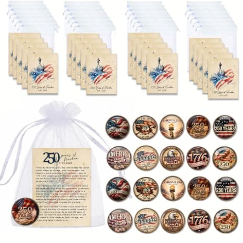 Qpige America 250 Merchandise Lapel Pins, 10/20 Pack Vintage 250th Anniversary USA Commemorative Pins 1776-2026 with Story Cards and Gift Bags, Patriotic July 4th Keepsakes for Veterans, Teachers, History Buffs and Families(20) - Image 1