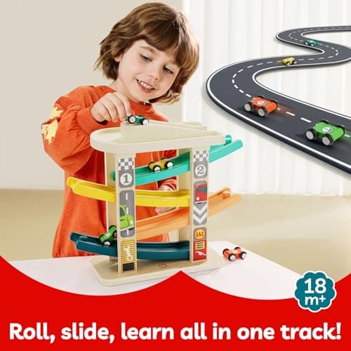 TOP Bright Toddler Wooden Race Track Car Ramp Toys for 1 2 Year Old Baby Motor Skills Race Tracks Car Ramp Vehicle Playsets with 4 Mini Cars and 1 Car Garage - Thumbnail 2