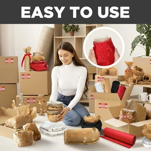 Honeycomb Packing Paper, 12"x300' Red | Perforated Honeycomb Packing Paper Recyclable Moving Supplies for Shipping & Moving | Plastic-Free Alternative to Bubble Cushion Wrap with 36 Fragile Stickers - Thumbnail 3