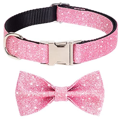 Jumpress Bling Dog Bow Tie Collar for Puppy Small Medium Dogs, Cute Pink Girl Dog Collar with Bow for Daily Walking or Holiday Party (Neck fit 11-16’’) - Image 1