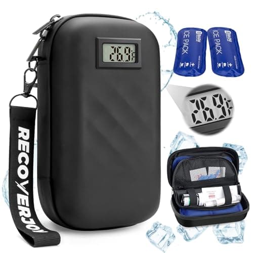 RecoverJoy Insulin TSA Approved Insulin Cooler Travel Case Diabetic Medication Bag with Temperature Display Small Refrigerated Medicine Diamond Pattern Organizer Bag for Travel & 2 Ice Pack-Black - Image 1