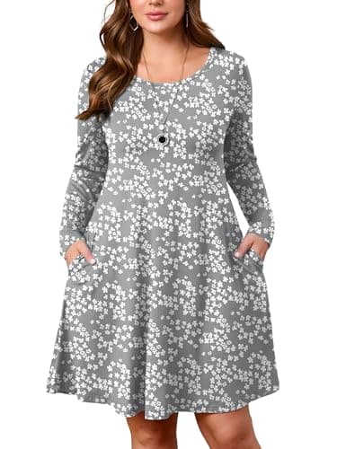 AusLook Plus Long Sleeve Dress for Women 2025 Fall Winter Casual Flowy A-Line Boho Midi Party Vacation Maternity Wedding Guest Work Grey Sakura 5X Dresses with Pockets - Image 1
