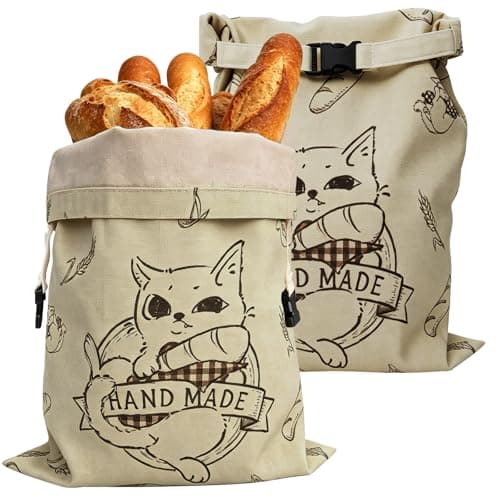 Beeswax Bread Bags for Homemade Bread & Sourdough, 2 Pack XL 16.4x12.8 in Linen Organic Bread Storage with Cat Pattern, Keeps Fresh Longer