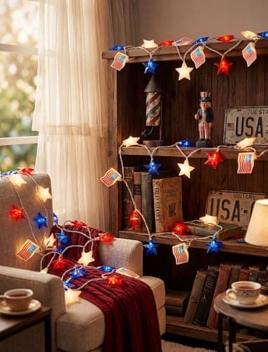 35 LED Red White Blue String Lights, 13.6FT 4th of July Decoration Lights with Patriotic Star & American flag Lights, Connectable Independence Day Lights for Window Home Patio Party Garden Decor - Thumbnail 4