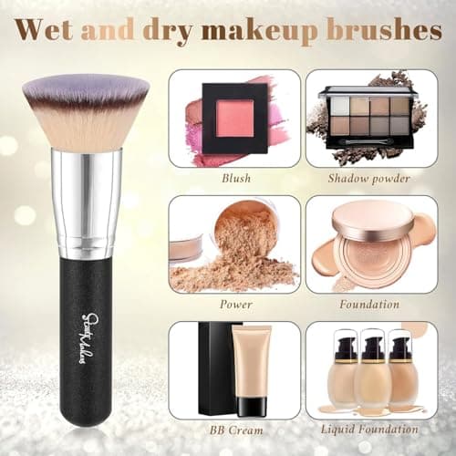 Flat Top Kabuki Foundation Brush, Makeup Brushes Foundation Brush for Liquid Makeup Blending Mineral Cream Powder Buffing Stippling Flawless Face Brush (Black) - Thumbnail 3