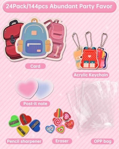 Eossth 24 Pack 144Pcs Class Redwards for Kids Classroom,with Acrylic Keychain,Greeting Card,Post-it notes,Eraser,Pencil Sharpener,Packaging bag,Party Favor for School Gift Exchange - Thumbnail 2