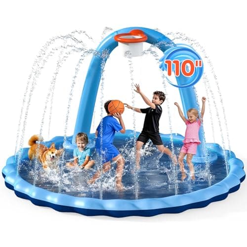 Instraella Splash Pad for Kids and Dog, 110" 2-in-1 Large Sprinkler Mat with Basketball Hoop and Arch for Kids Outdoor Play, Shoot Game for Backyard, Inflatable Water Toys More Fun for Boys and Girls