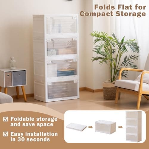 ABAMFUR 101QT Plastic Stackable Storage Bins, 4 Pack Collapsible Plastic Storage Bins with Lid, Doors & Wheels, for Closet Bedroom, White - Thumbnail 5