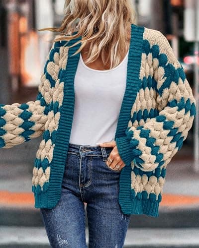 KIRUNDO Women's Cardigans Casual Long Sleeve Chunky Knit Color Block Striped Cardigan Open Front Cozy Sweater Coat Knit Outerwear Teacher Outfits(Denim Blue, Large) - Thumbnail 5