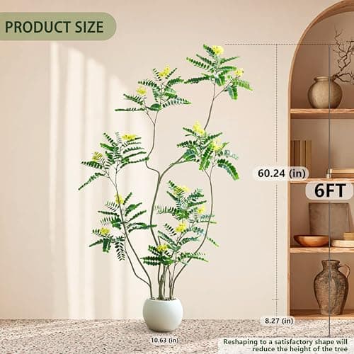 FSOHOI Artificial Locust Tree, 6FT Tall Artificial Plants Indoor with Yellow Flowers & Pot, Large Floor Plant Faux Sophora Fake Flower Tree Silk Plants for Indoor Office Home Room Balcony Porch Decor - Thumbnail 5