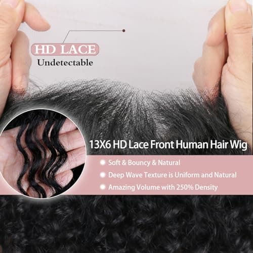 ROHANEM 32 Inch 250 Density Curly Wig Human Hair 13x6 Deep Wave Lace Front Wigs HumanHair Pre Plucked Virgin Remy Hair 5x Longer Lifespan HD Transparent Lace Frontal Wigs Natural Black - Thumbnail 5