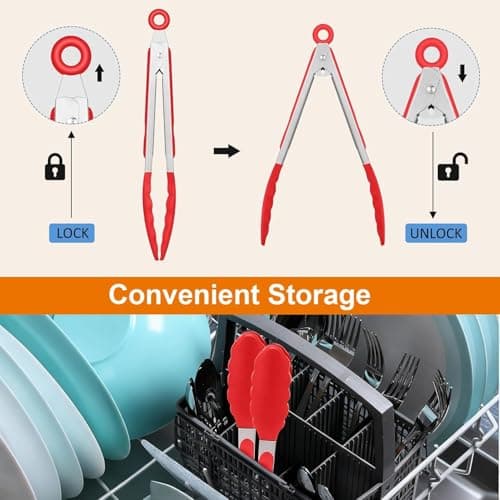 Tongs For Cooking - Heat Resistant 600 Degrees Stainless Steel Kitchen Tong,Heavy Duty Metal Locking Tongs - Perfect for Food,Salad and BBQ set of 3 (7",9" and 12") Dishwasher (Red) - Thumbnail 4