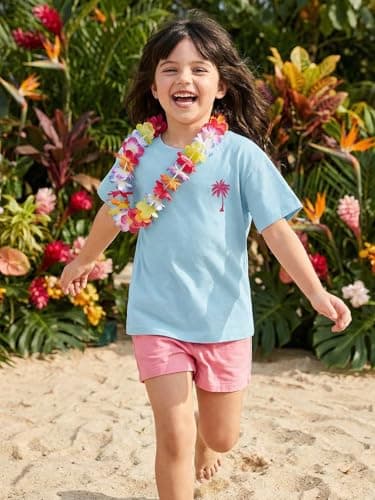 QIXYN Girls Hawaiian Shirt Palm Tree Graphic Tee Summer Beach Vacation Tops - Thumbnail 5