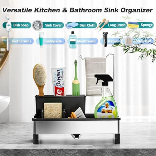 Ewaiira Sponge Holder for Kitchen Sink, Stainless Steel Sink Caddy with Brush Holder & Dishcloth Rack, Countertop Sink Organizer, Soap Dispenser Kitchen Organizers Storage Essentials (D-Black 9.8″) - Thumbnail 3