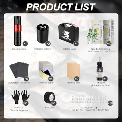 Tattoo Gun,Solong Tattoo Gun Kit Professional 2 Batteries 7 Strokes Wireless Tattoo Kit 6500Rpm Brushless Motor Digital LED Display Tattoo Machine with 20Pcs Tattoo Needles SLE75KIT-1-US - Thumbnail 6