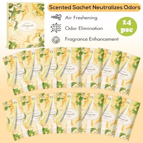 SCENTORINI Scented Sachets for Drawers and Closets, Honeysuckle Scent 14 Pack, Long-Lasting Sachets Bags Wardrobe Freshener for Small Space, Luggage, Clothes Storage, Suitcases - Thumbnail 3