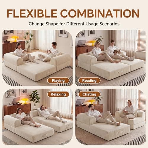 ceamorfco Boneless Couch, 74.8 Inch Modular Sofa Bed with Wide Armrest, Beige Corduroy Loveseat Sleeper with Removable Washable Cover, Comfy Floor Sofa for Living Room, Apartment, Office, No Assembly - Thumbnail 5