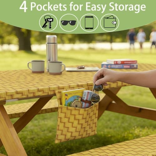 memKiya Fitted Picnic Table Cover with Chair Covers Elastic Water Resistant Camping Tablecloth for 6 Foot Rectangle Tables Garden Patio Outdoor Organization Road Trip Hiking Motorhome Essential Gift - Thumbnail 5
