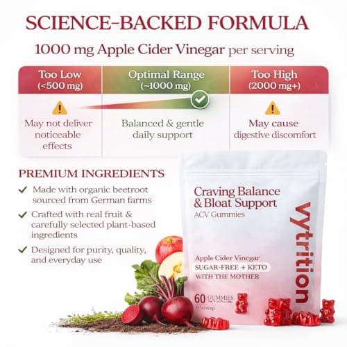 Vytrition Apple Cider Vinegar Gummies Sugar Free – ACV Gummies with The Mother 1000mg – Keto Friendly – Vegan – Supports Appetite Control & Weight Management – Organic Beetroot – 30 Day Supply - Thumbnail 4