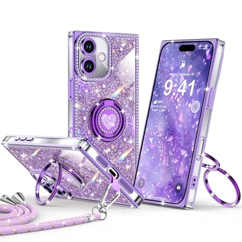 XYZ for iPhone 16 Case, Glitter Bling Phone Cover with 2-Ring Heart Stand & Lanyard, Women Girls Luxury Rhinestone Shockproof Protective Case for iPhone 16, Purple - Image 1