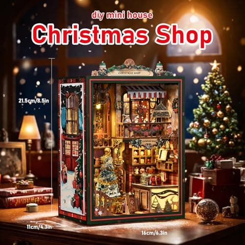 DIY Christmas Store Book Nook Kit, Miniature House with LED Light, 264pcs Wooden 3D Puzzles for Adults Teens, Bookshelf Decor Scale Model, Cultural Handmade Gift for Christmas & Book Lovers - Thumbnail 2