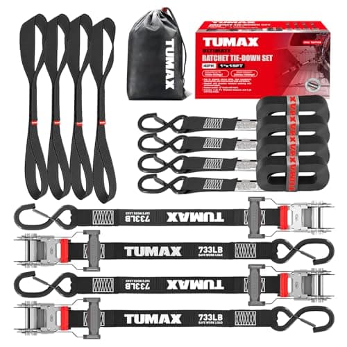 TUMAX 4Pcs Ratchet Tie Down Straps for 2200lb Break Strength, 1” x 15FT Tie Down Straps with Soft Loop & Safety S Hook - Cargo Strap Tie Down for Trucks, Motorcycle, Moving, Appliances, Black - Image 1