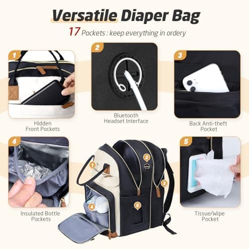 Tonyeee Diaper Bag Backpack - Extra Large Diaper Bag for 2 Kids Twin, Travel Baby Bags for Mom Dad 25-37L Expandable with Changing Pad Earphone Hole, Apricot Black - Thumbnail 5