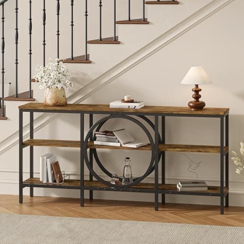 Tarnorci Black Entryway Table, 66.9‘’ Modern Farmhouse Decor Console Table Antique Furniture 3-Tier Living Room Storage Cabinet (Vintage Brown+Black) - Thumbnail 5