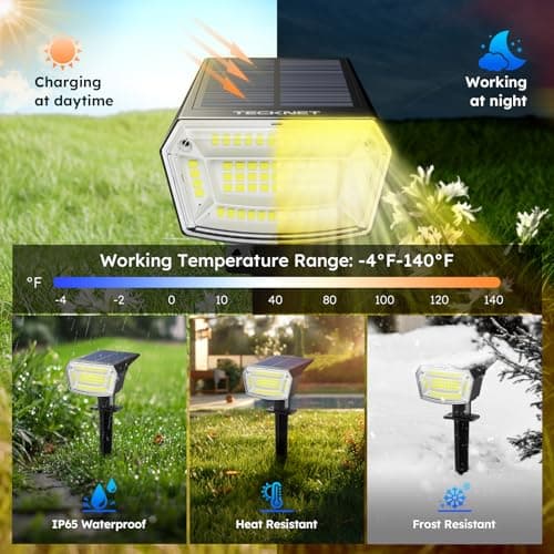 TECKNET Spot Lights Outdoor with 59 LED, 4 Pack Solar Lights Outdoor Waterproof IP65, Auto On/Off Solar Spot Lights, 3 Lighting Modes Solar Powered Garden, 2-in-1 Solars Landscape Light (Warm White) - Thumbnail 3