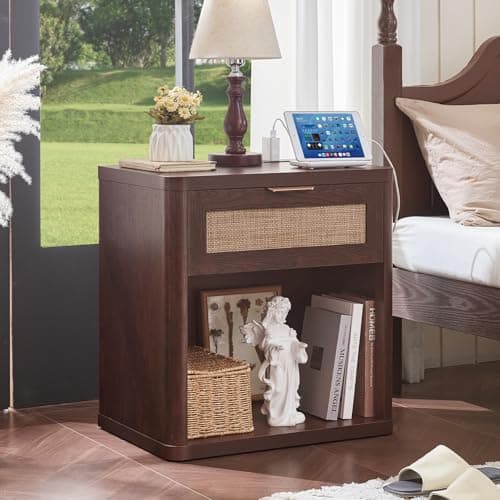 LEYAOYAO Rattan Nightstands Set of 2 with Charging Station, Walnut Night Stand with Drawer, 23" Wide Boho Bedside Table with Storage Shelf, Bed Side End Tables for Bedroom, Living Room, Hallway - Thumbnail 4