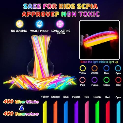 HONLYNE 400 Pcs Glow Sticks Bulk Party Pack, 8'' Glow in the Dark Party Supplies, Glow in the Dark Light Up Sticks with Connectors, Party Favors for Birthday, Concert, Raves, Halloween, Christmas - Thumbnail 2