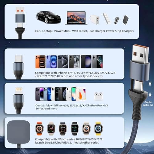 Firsting Travel Essentials,3 in 2 USB A/C Cable for Watch Charger/iPhone 17 Charger/IP Cable Designed for iWatch Chargers,Multi Charging Cable Compatible with iPhone 17-11/iWatch All Series 6FT 2PS - Thumbnail 5