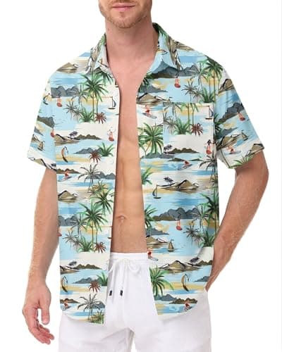 FISHEAL Men's Hawaiian Shirt Short Sleeves, Casual Hawaii Button Down Beach Tropical Shirts for Mens Summer Trip Vacation - Thumbnail 4