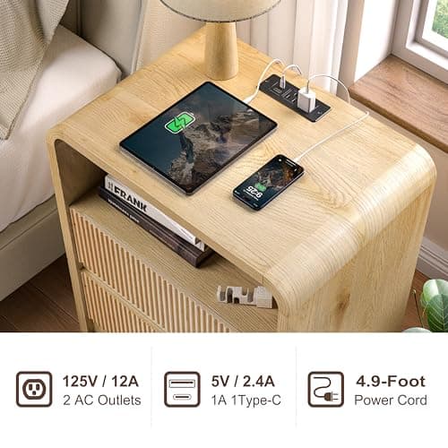 Modern Fluted Nightstand with Charging Station, 25 Inch Tall Bedside Table with 2 Drawers | Fluted Wood Design, USB Ports & AC Outlets | Sturdy Wooden End Table for Bedroom, Living Room (Nature Wood) - Thumbnail 4