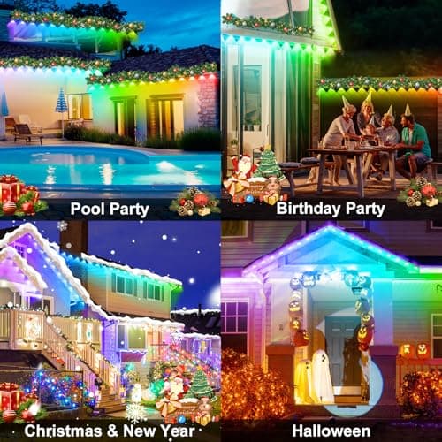 MUCCCUTE Permanent Outdoor Lights for Easter150ft RGB + IC Eaves Lights with App & Remote Control, Outdoor String LED IP67 Waterproof for Holidays New Year July 4th Roof Eaves House Garden Decor - Thumbnail 5