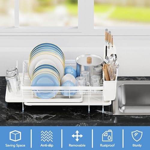 ROTTOGOON Expandable Dish Drying Rack,Multifunctional Adjustable Dish Drainer with Swivel Spout and Anti-Rust Dish Rack with Removable Cutlery & Cup Holders for Kitchen Counter,White - Thumbnail 3