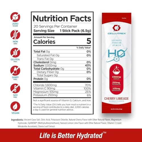 Cellutrex® H2O Electrolytes – Electrolyte Powder Drink Mix, Zero Sugar, Natural Himalayan Salt Hydration Packets for Recovery and Wellness, FSA-HSA, Cherry Limeade, 20 Sticks - Thumbnail 2