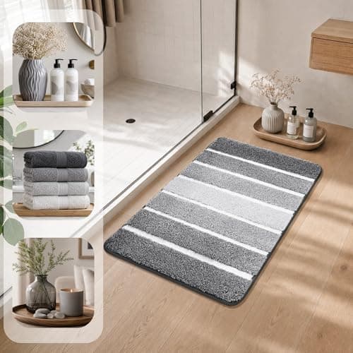 COSY HOMEER Bathroom Rugs 30 x 20, Ultra Soft Absorbent Bath Mat, Non-Slip TPR Backing Stays in Place, Machine Washable Shaggy Rug for Bathroom Floor, Grey & White - Thumbnail 3