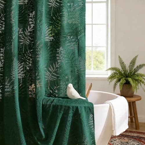 Lameirose Dark Green Shower Curtain Lace Tropical Plant Textured Shower Curtain Sheer Farmhouse Fabric Shower Curtains for Bathroom 72 x 72 - Thumbnail 6