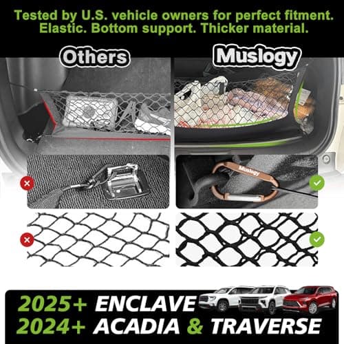 Muslogy Truck Bed Cargo Net Trunk Netting Compatible with 2024-2026 GMC Acadia | Chevy Traverse | 2025+ Buick Enclave Accessories, Pickup Cargo Organizer SUV Sedan Storage Net w/Heavy Duty Carabiners - Thumbnail 4