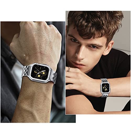 HASLFM Stainless Steel Band with Case Compatible with Apple Watch Series 9 8 7(45mm), Metal Protective Bumper Cover for iWatch Bands Men,Silver - Thumbnail 3