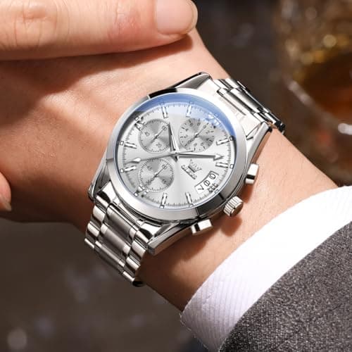 OLEVS Silver Watch for Men Luxury Waterproof Men's Watch Casual Fashion Analog Stainless Steel Chronograph Large Face Men's Watches Elegant Classic Quartz Date Wrist Watches for Man Reloj - Thumbnail 4