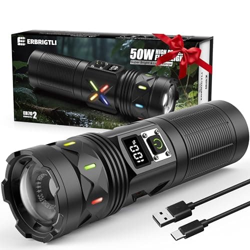 erbrigtli Flashlights High Lumens 100000 Rechargeable, Super Bright 50W LED, Long Running 15 Hours, USB C Input & USB Output, Zoomable 3 Modes, Powerful Strong Flash Light for Home Hiking Camping - Image 1