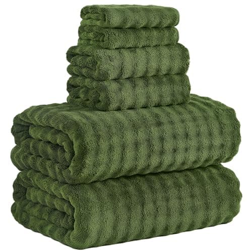 KBY Bath Towels Set 6 Piece 40x80 Inches，2 Extra Large Bath Sheets 2 Hand Towels 2 Washcloths，Highly Absorbent Quick Dry Microfiber,Ultra Soft Towel Set for Bathroom，Spa，Gym， Hotel (Olive Green)