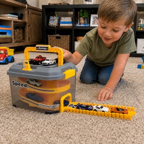 Toy Car Track Storage Playset - Toddler Toys for Ages 2-4, Car Track Set Including 12 Diecast Cars, PlayMat, Race Tracks, Car Ramp, Kids Birthday Gift for 2 3 4 5 Year Old Boys - Thumbnail 2