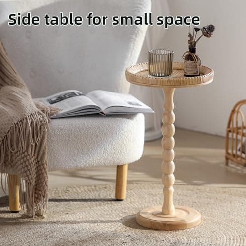 Aboacent Rattan Small Side Table, Round Drink Table for Small Spaces, Boho Accent End Table with Solid Wood Leg for Living Room, Nightstand Table for Bedroom, Corners - Thumbnail 2