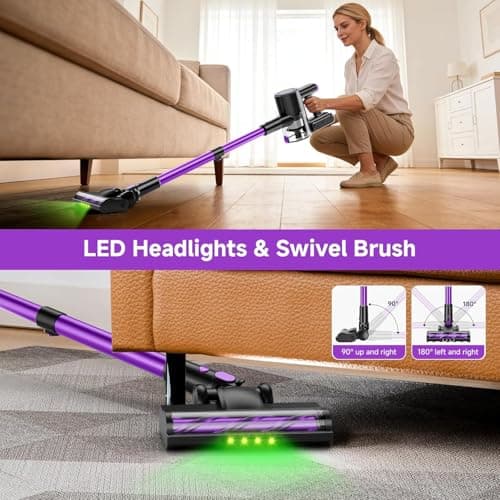 Honki Cordless Vacuum Cleaner, 500W/40Kpa Vacuum Cleaners for Home, Stick Vacuum Cordless with LED Display, Anti-Tangle & Wall Mount, 8 in 1 Lightweight Vacuum for Hard Floors Pet Hair(Purple) - Thumbnail 5