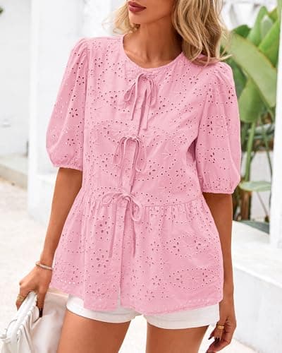KIRUNDO Peplum Tops for Women 2026 Summer Eyelet Tie Front Blouses Casual Short Lantern Sleeve Cute Y2K Lace Babydoll Shirts(Pink, Small) - Thumbnail 4