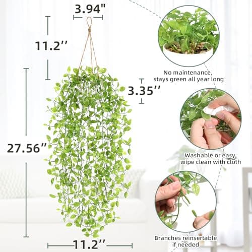 2 Pcs Fake Hanging Plants, Artificial Hanging Vines Plant, Faux Potted Mandala Vine Plants, Boho Home Decor for Indoor Outdoor, Wall Shelf Office Living Room Bedroom Bathroom Farmhouse Decorations - Thumbnail 2