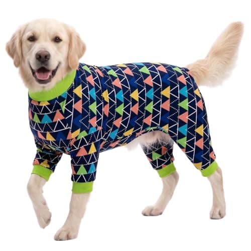LovinPet Dog PJS Onesies for Medium Dogs, Blue Triangle Print, Post Surgery Shirt, UV Protection, Pet Anxiety Relief, Wound Care Onesie for Large Dog,Large - Image 1
